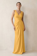 V-Neck Satin Ruched Sheath Bridesmaid Dress in Gold | KISSBRIDAL