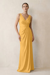 V-Neck Satin Ruched Sheath Bridesmaid Dress in Gold | KISSBRIDAL