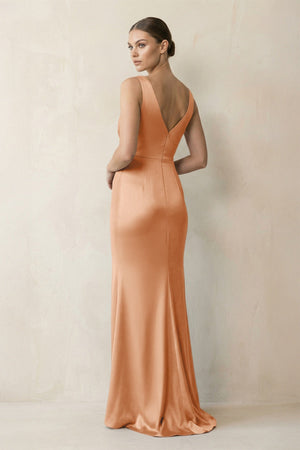 V - Neck Satin Ruched Sheath Bridesmaid Dress in Golden Champagne - KISS BRIDAL Bridesmaid Dresses