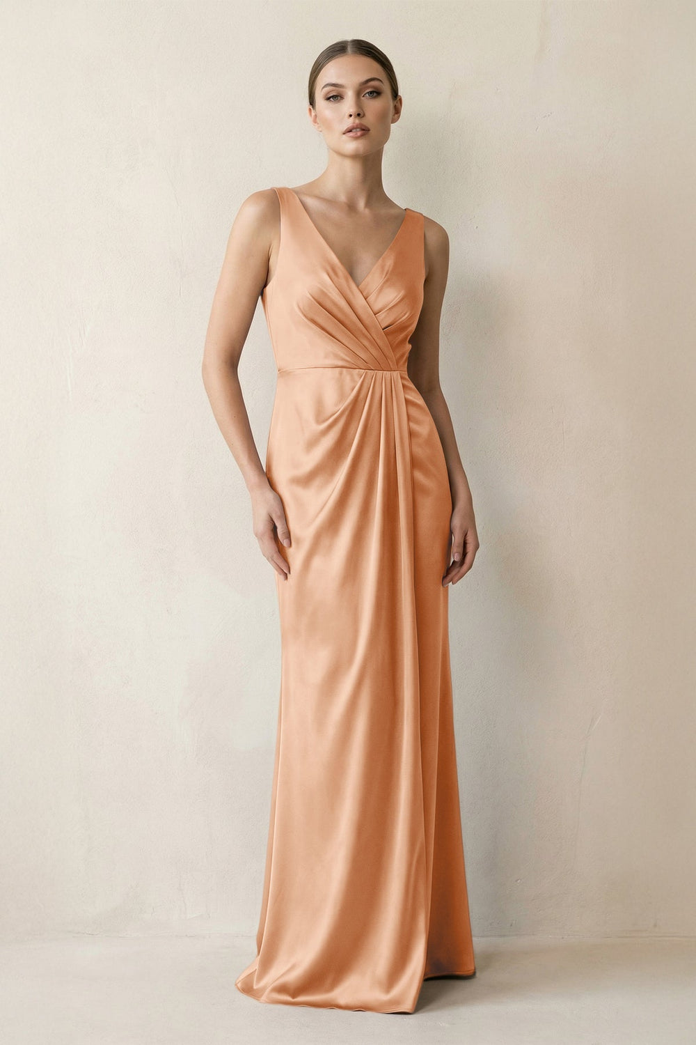 V - Neck Satin Ruched Sheath Bridesmaid Dress in Golden Champagne - KISS BRIDAL Bridesmaid Dresses