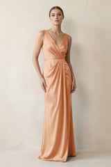 V - Neck Satin Ruched Sheath Bridesmaid Dress in Golden Champagne - KISS BRIDAL Bridesmaid Dresses