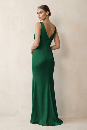 V-Neck Satin Ruched Sheath Bridesmaid Dress in Green (2) | KISSBRIDAL