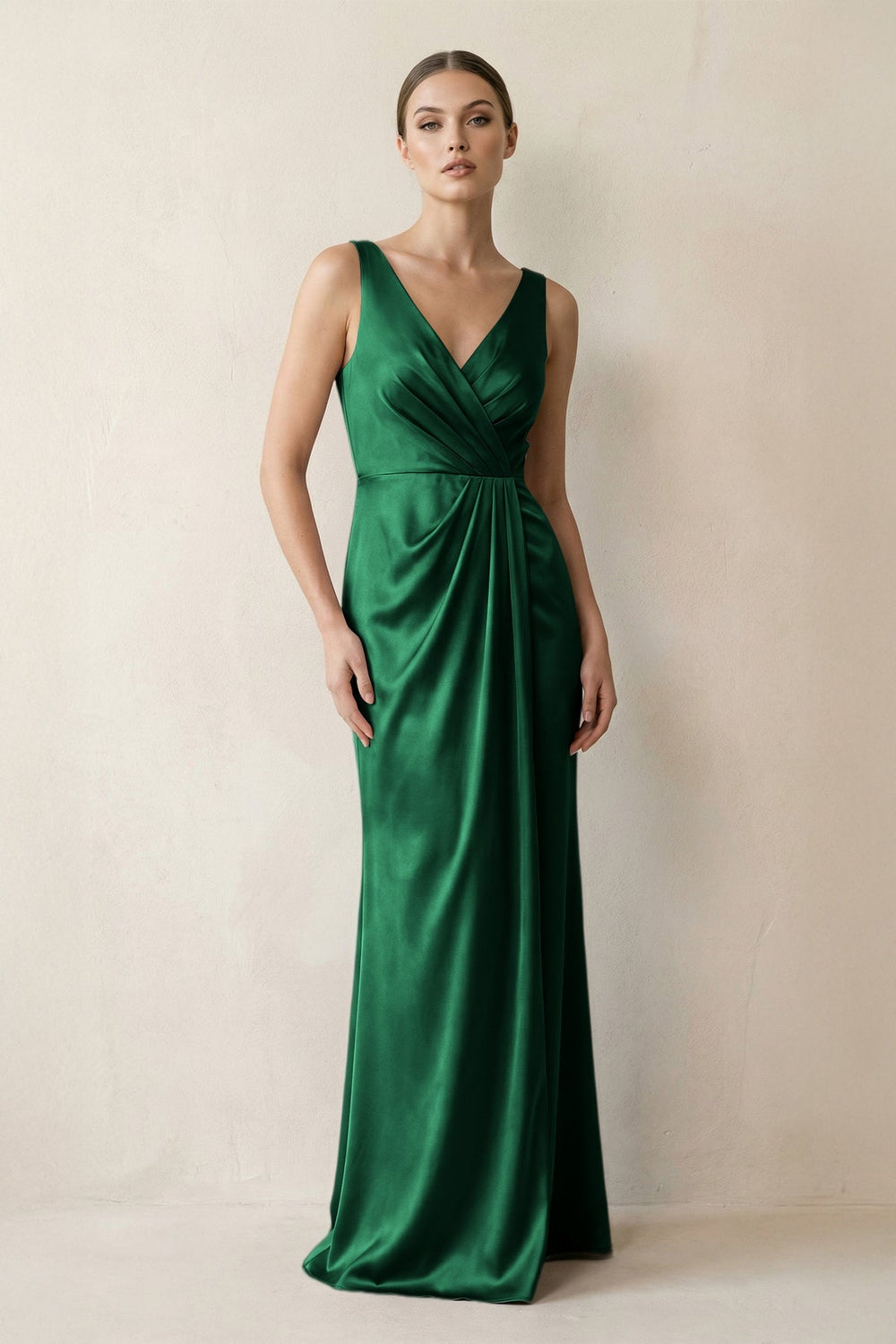 V - Neck Satin Ruched Sheath Bridesmaid Dress in Green - KISS BRIDAL Bridesmaid Dresses