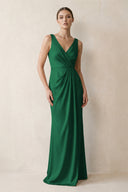 V-Neck Satin Ruched Sheath Bridesmaid Dress in Green | KISSBRIDAL