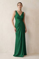 V-Neck Satin Ruched Sheath Bridesmaid Dress in Green | KISSBRIDAL