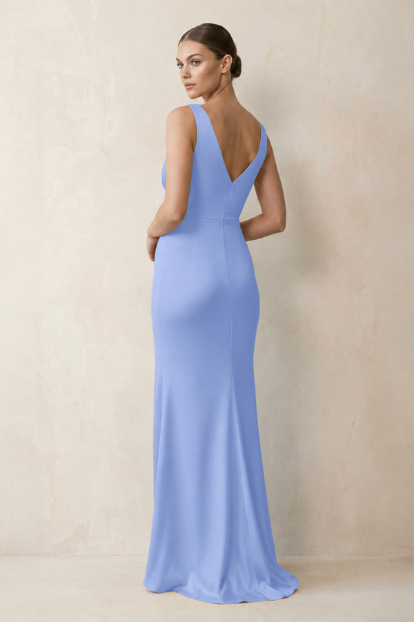 V-Neck Satin Ruched Sheath Bridesmaid Dress in Ice (2) | KISSBRIDAL