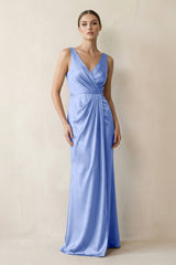 V - Neck Satin Ruched Sheath Bridesmaid Dress in Ice - KISS BRIDAL Bridesmaid Dresses