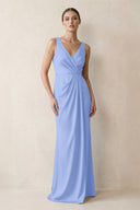 V-Neck Satin Ruched Sheath Bridesmaid Dress in Ice | KISSBRIDAL