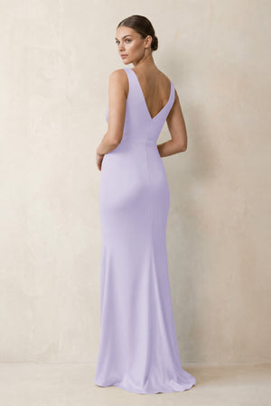 V-Neck Satin Ruched Sheath Bridesmaid Dress in Lavender (2) | KISSBRIDAL