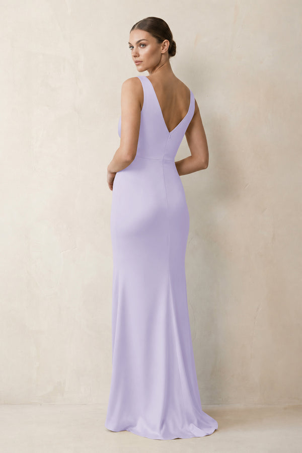 V-Neck Satin Ruched Sheath Bridesmaid Dress in Lavender (2) | KISSBRIDAL