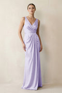 V - Neck Satin Ruched Sheath Bridesmaid Dress in Lavender - KISS BRIDAL Bridesmaid Dresses