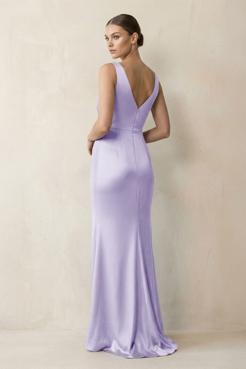 V - Neck Satin Ruched Sheath Bridesmaid Dress in Lavender - KISS BRIDAL Bridesmaid Dresses