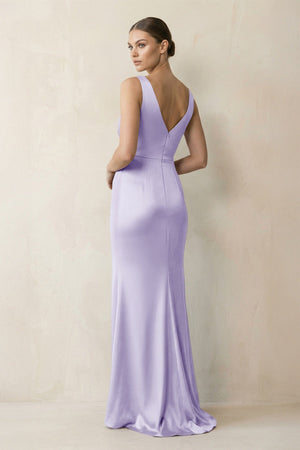 V - Neck Satin Ruched Sheath Bridesmaid Dress in Lavender - KISS BRIDAL Bridesmaid Dresses