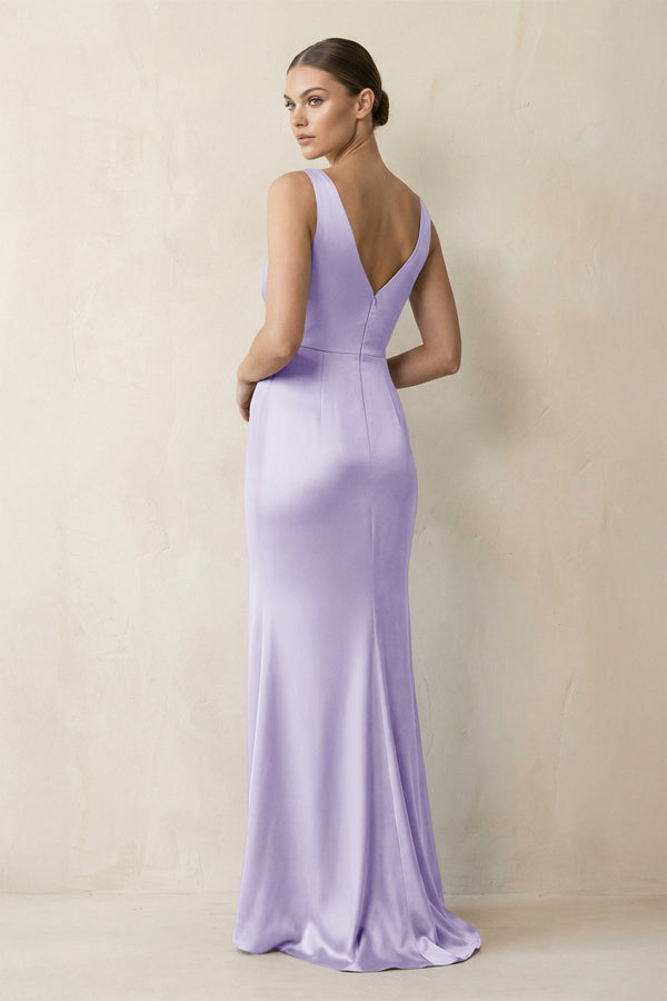 V - Neck Satin Ruched Sheath Bridesmaid Dress in Lavender - KISS BRIDAL Bridesmaid Dresses