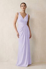 V-Neck Satin Ruched Sheath Bridesmaid Dress in Lavender | KISSBRIDAL