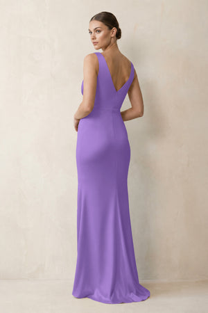 V-Neck Satin Ruched Sheath Bridesmaid Dress in Lilac (2) | KISSBRIDAL