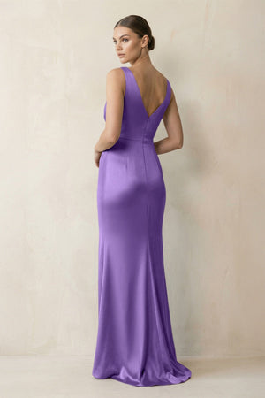 V - Neck Satin Ruched Sheath Bridesmaid Dress in Lilac - KISS BRIDAL Bridesmaid Dresses