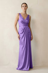 V - Neck Satin Ruched Sheath Bridesmaid Dress in Lilac - KISS BRIDAL Bridesmaid Dresses