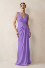 V-Neck Satin Ruched Sheath Bridesmaid Dress in Lilac | KISSBRIDAL