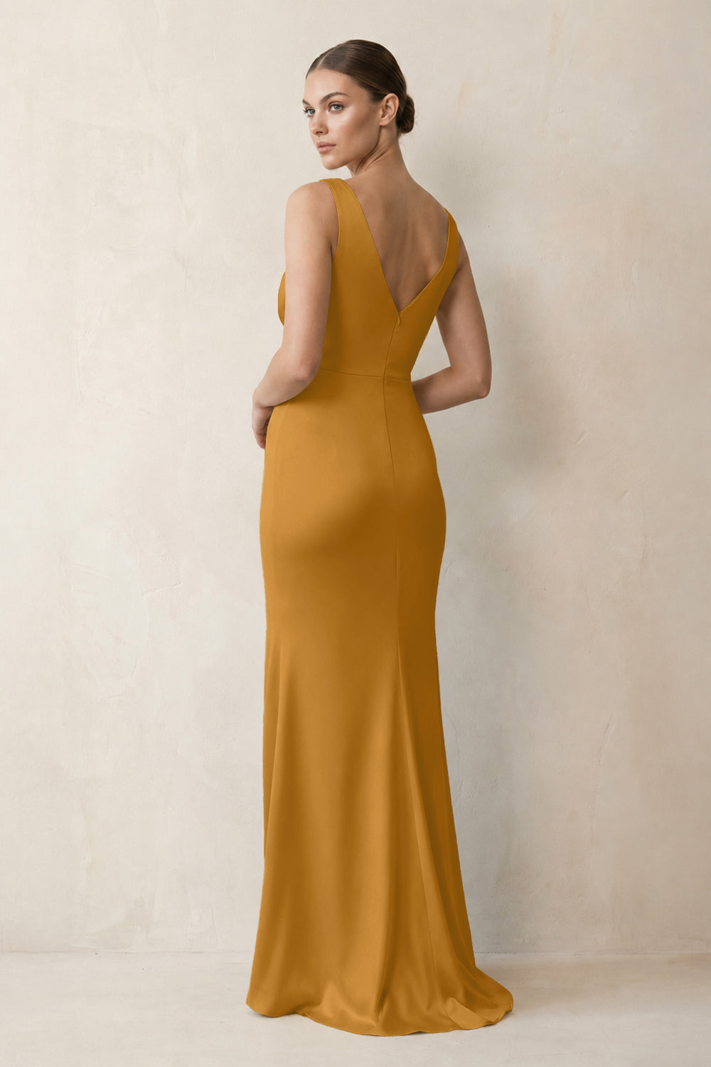 V-Neck Satin Ruched Sheath Bridesmaid Dress in Marigold