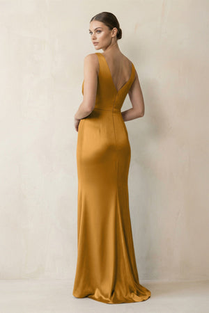 V - Neck Satin Ruched Sheath Bridesmaid Dress in Marigold - KISS BRIDAL Bridesmaid Dresses