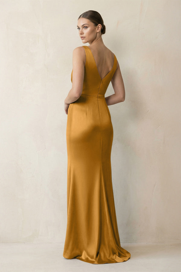 V - Neck Satin Ruched Sheath Bridesmaid Dress in Marigold - KISS BRIDAL Bridesmaid Dresses