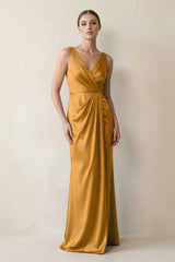V - Neck Satin Ruched Sheath Bridesmaid Dress in Marigold - KISS BRIDAL Bridesmaid Dresses