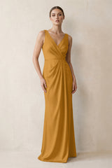 V-Neck Satin Ruched Sheath Bridesmaid Dress in Marigold | KISSBRIDAL
