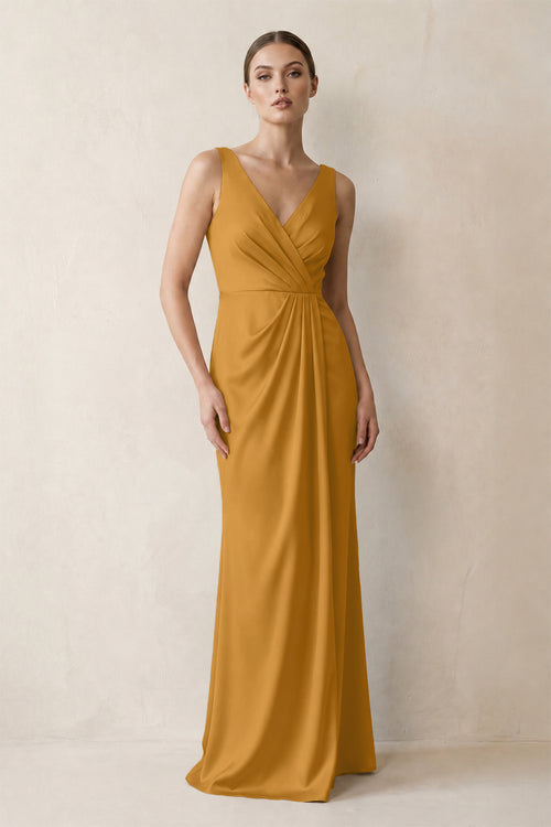 V-Neck Satin Ruched Sheath Bridesmaid Dress in Marigold | KISSBRIDAL