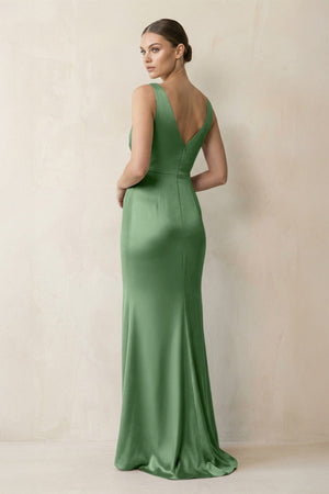 V - Neck Satin Ruched Sheath Bridesmaid Dress in Matcha - KISS BRIDAL Bridesmaid Dresses