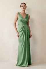 V - Neck Satin Ruched Sheath Bridesmaid Dress in Matcha - KISS BRIDAL Bridesmaid Dresses