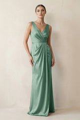 V - Neck Satin Ruched Sheath Bridesmaid Dress in Mint Green - KISS BRIDAL Bridesmaid Dresses
