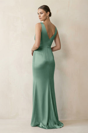 V - Neck Satin Ruched Sheath Bridesmaid Dress in Mint Green - KISS BRIDAL Bridesmaid Dresses