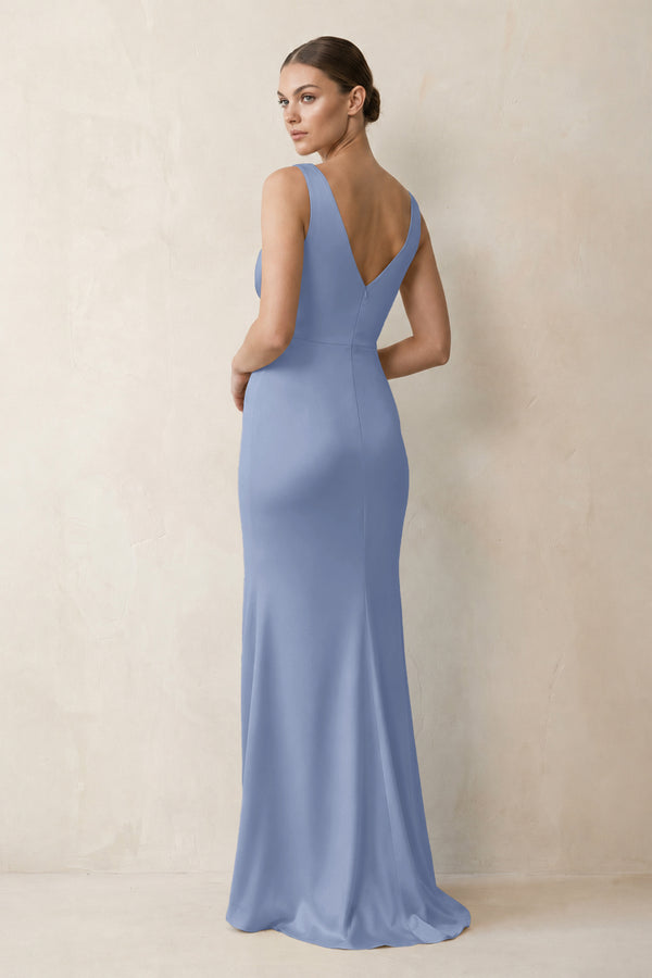 V-Neck Satin Ruched Sheath Bridesmaid Dress in Mist (2) | KISSBRIDAL