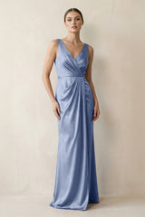 V - Neck Satin Ruched Sheath Bridesmaid Dress in Mist - KISS BRIDAL Bridesmaid Dresses
