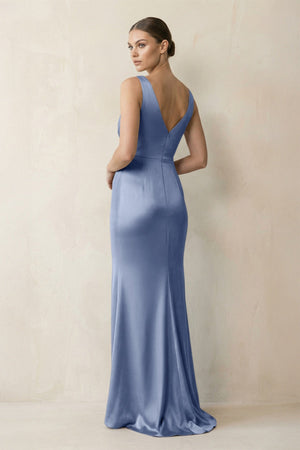 V - Neck Satin Ruched Sheath Bridesmaid Dress in Mist - KISS BRIDAL Bridesmaid Dresses