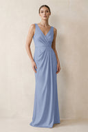 V-Neck Satin Ruched Sheath Bridesmaid Dress in Mist | KISSBRIDAL