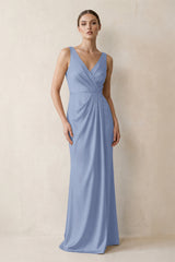 V-Neck Satin Ruched Sheath Bridesmaid Dress in Mist | KISSBRIDAL