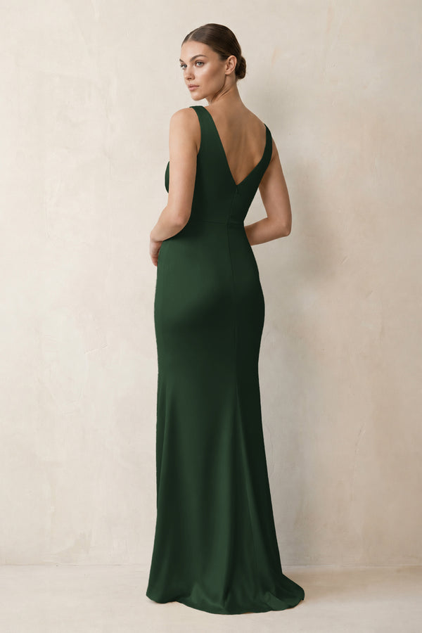 V-Neck Satin Ruched Sheath Bridesmaid Dress in Moss (2) | KISSBRIDAL