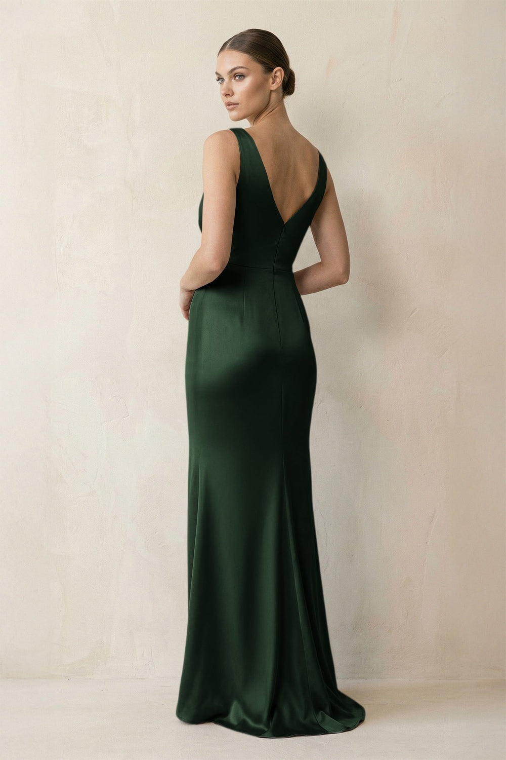 V - Neck Satin Ruched Sheath Bridesmaid Dress in Moss - KISS BRIDAL Bridesmaid Dresses