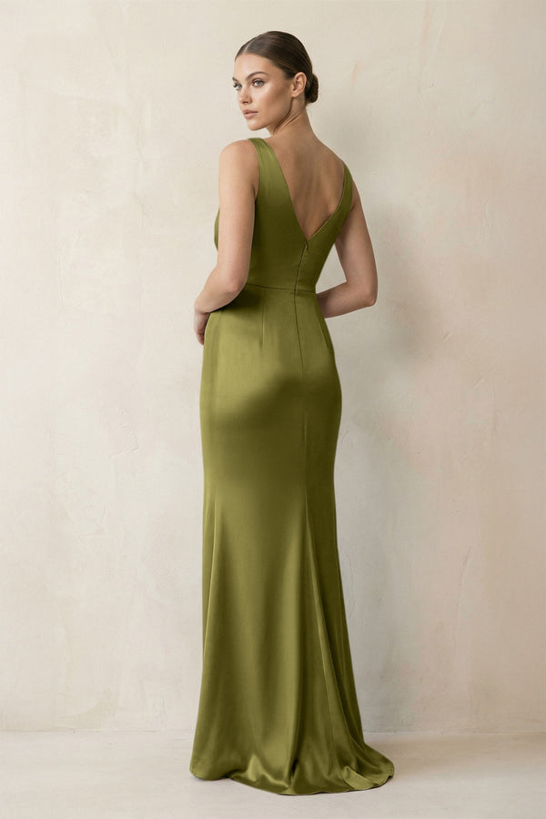 V - Neck Satin Ruched Sheath Bridesmaid Dress in Moss Green - KISS BRIDAL Bridesmaid Dresses