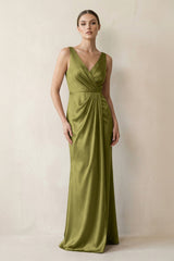 V - Neck Satin Ruched Sheath Bridesmaid Dress in Moss Green - KISS BRIDAL Bridesmaid Dresses