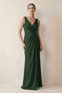 V-Neck Satin Ruched Sheath Bridesmaid Dress in Moss | KISSBRIDAL