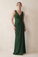 V-Neck Satin Ruched Sheath Bridesmaid Dress in Moss | KISSBRIDAL