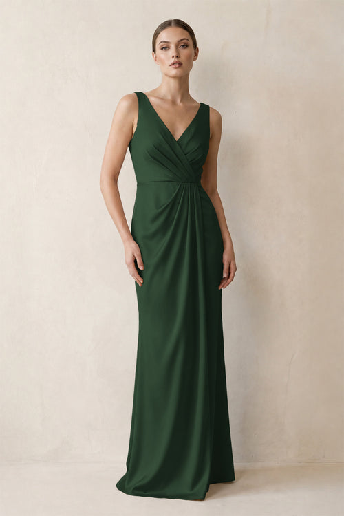 V-Neck Satin Ruched Sheath Bridesmaid Dress in Moss | KISSBRIDAL