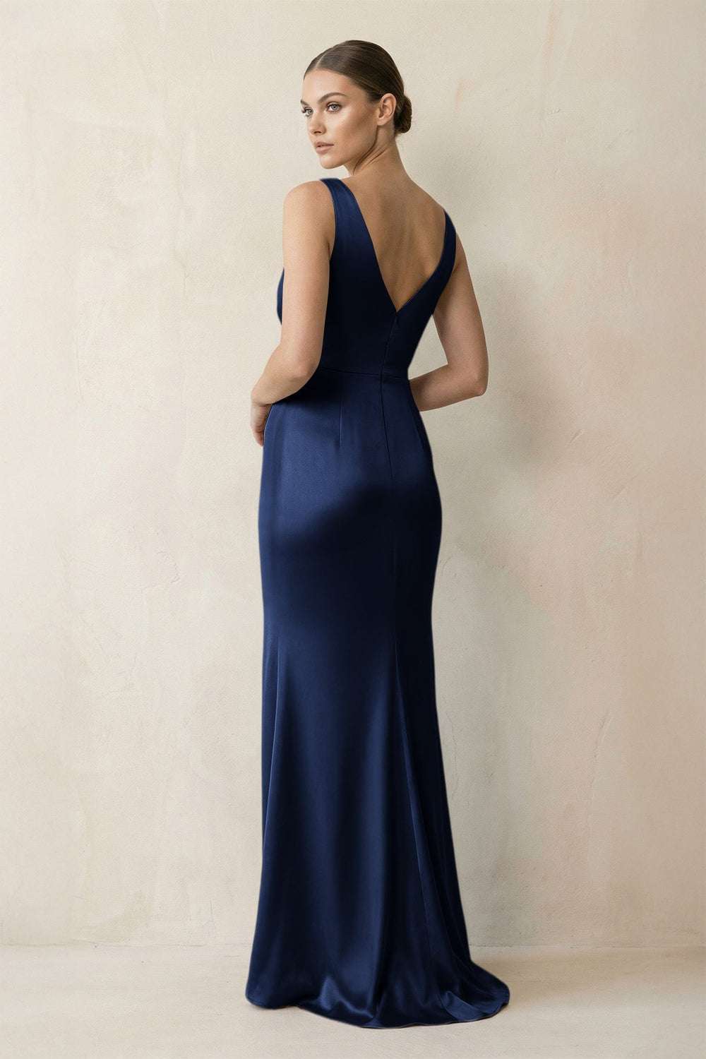 V - Neck Satin Ruched Sheath Bridesmaid Dress in Navy - KISS BRIDAL Bridesmaid Dresses