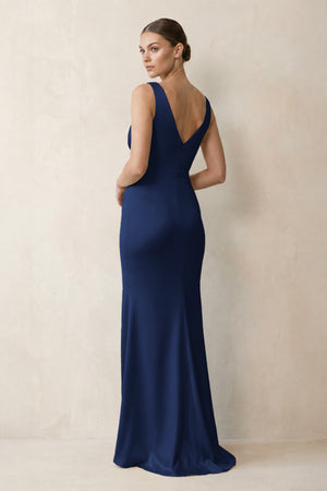 V-Neck Satin Ruched Sheath Bridesmaid Dress in Navy (2) | KISSBRIDAL