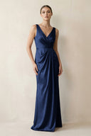 V - Neck Satin Ruched Sheath Bridesmaid Dress in Navy - KISS BRIDAL Bridesmaid Dresses