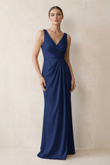 V-Neck Satin Ruched Sheath Bridesmaid Dress in Navy | KISSBRIDAL