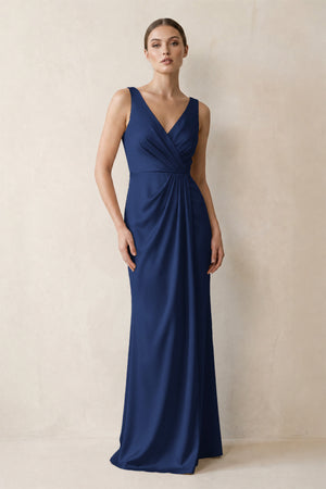 V-Neck Satin Ruched Sheath Bridesmaid Dress in Navy | KISSBRIDAL